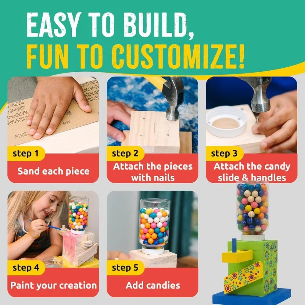 New DIY Wood Building Kit STEM Woodworking Toy for Kids Candy Gumball Dispenser